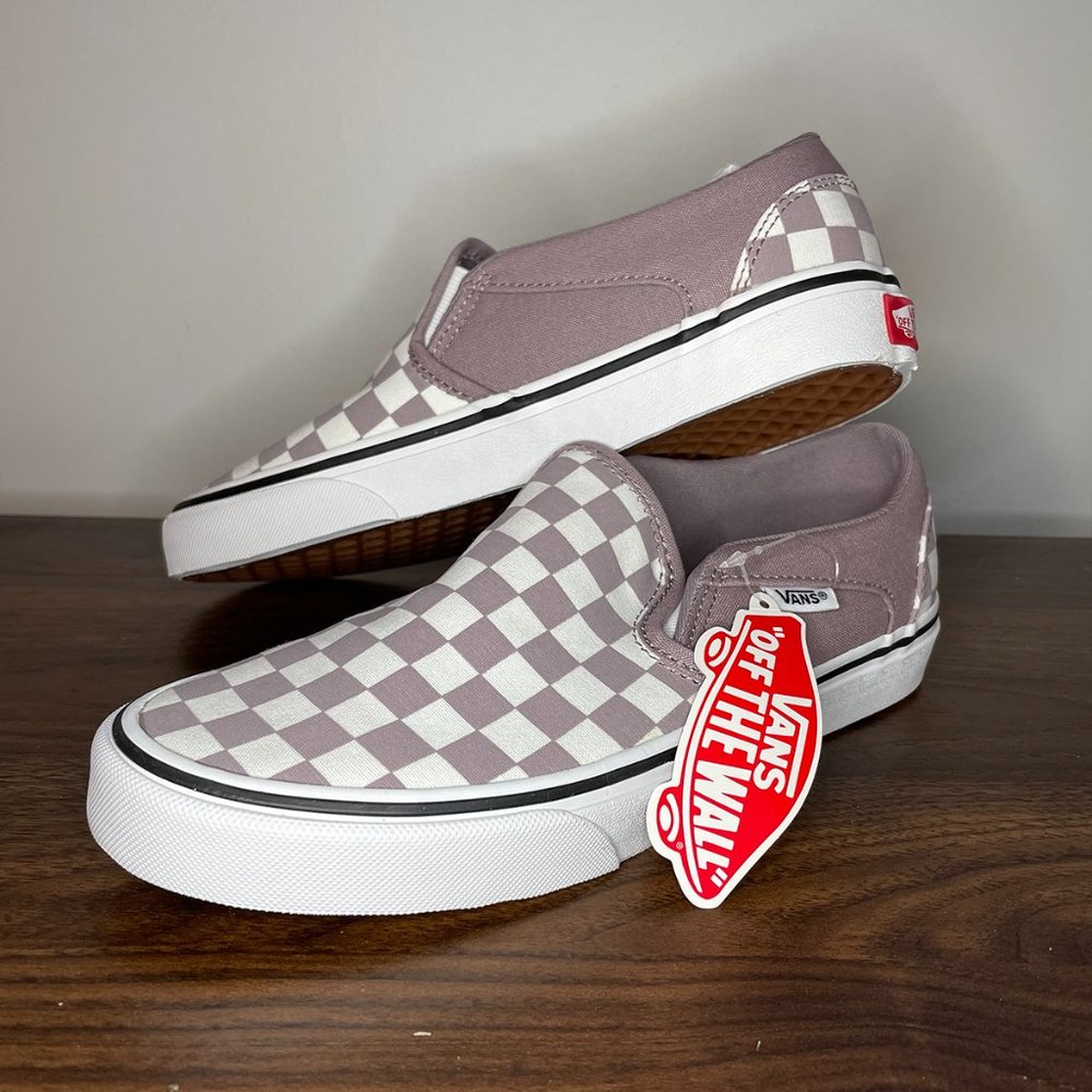 Women's Vans Asher Checker Skate Slip On Shoes Purple & White Size 8.5